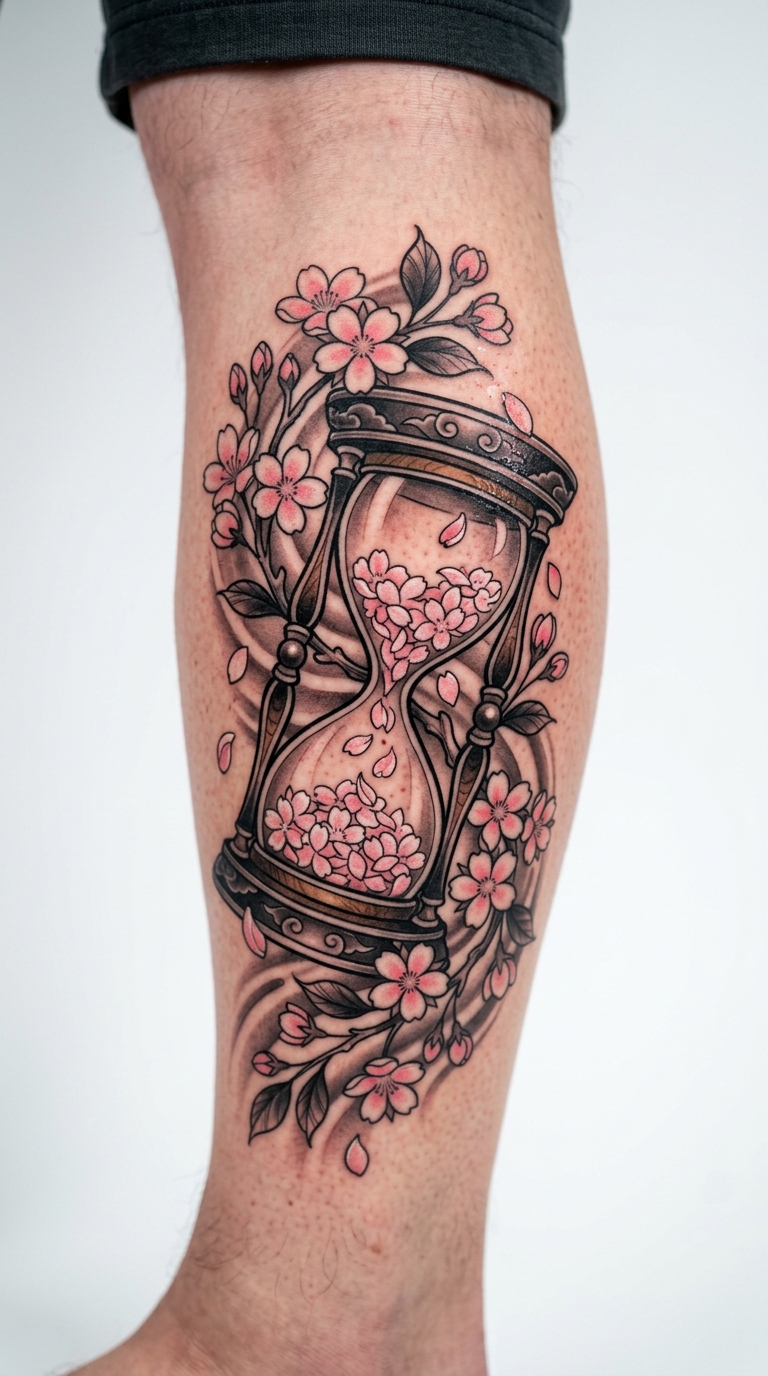 Stundenglas mit Kirschblüten als japanisches Tattoo für das Bein