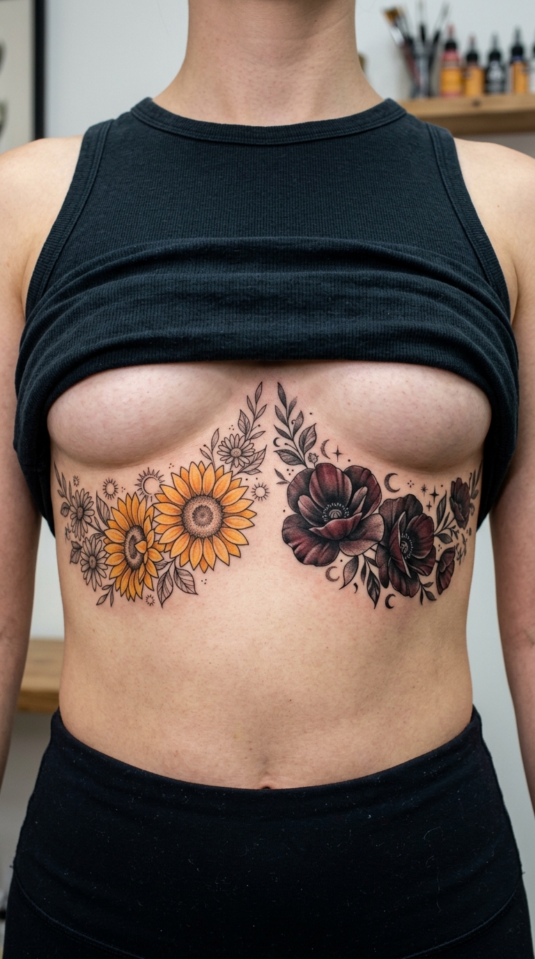 Tag und Nacht als florales Tattoo für den Underboob