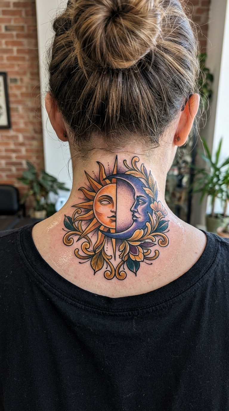 Tag und Nacht als Neo Traditional Tattoo für den Nacken