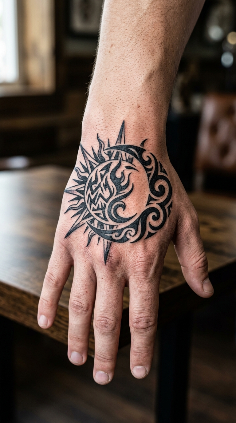 Tag und Nacht als Tribal Tattoo auf der Hand