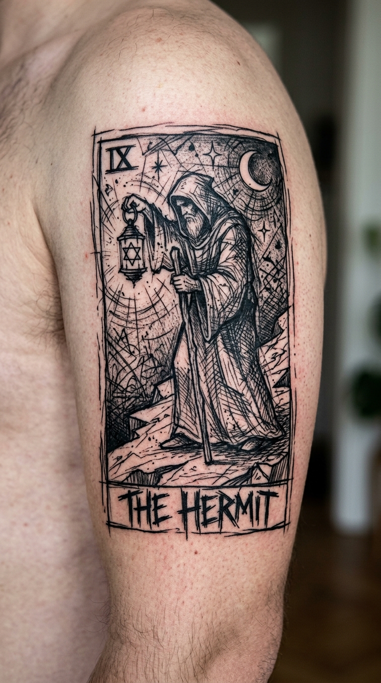Tarotkarte Der Eremit als kreuz und quer Tattoo auf dem Oberschenkel