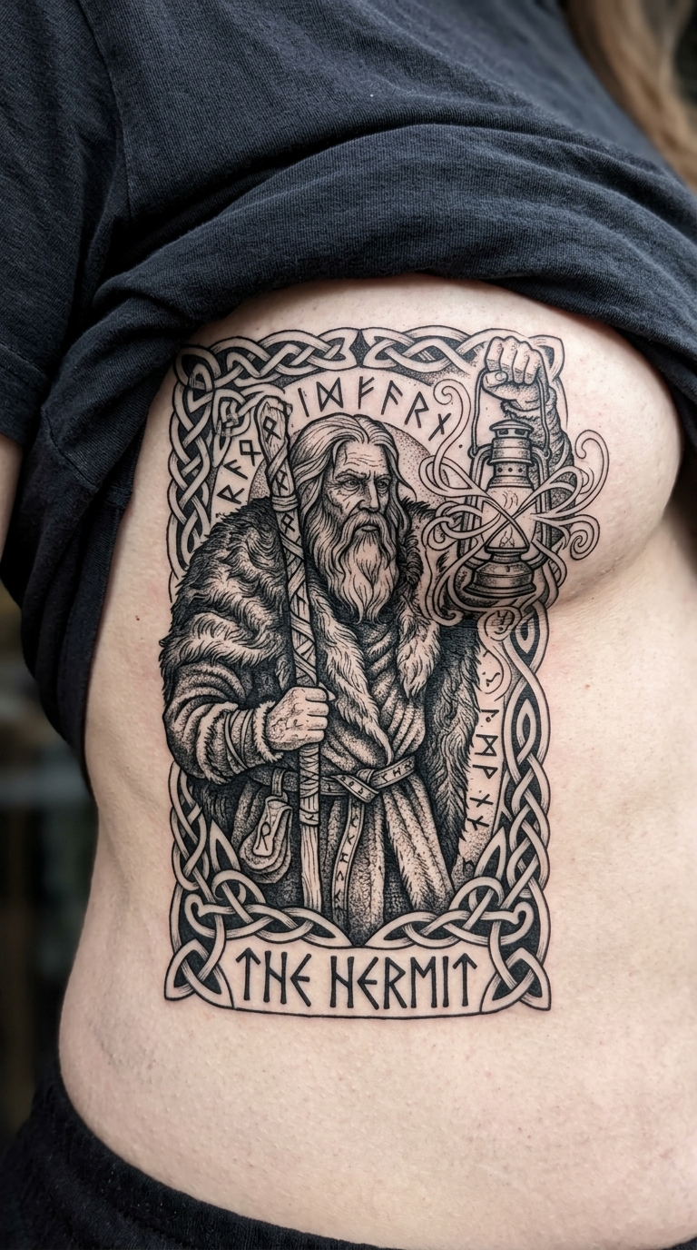 Tarotkarte Der Eremit als Wikinger und Celtic Tattoo für den Underboob