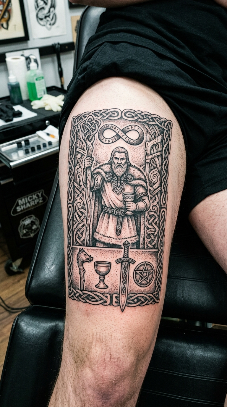 Tarotkarte Der Magier als Wikinger und Celtic Tattoo für den Oberschenkel