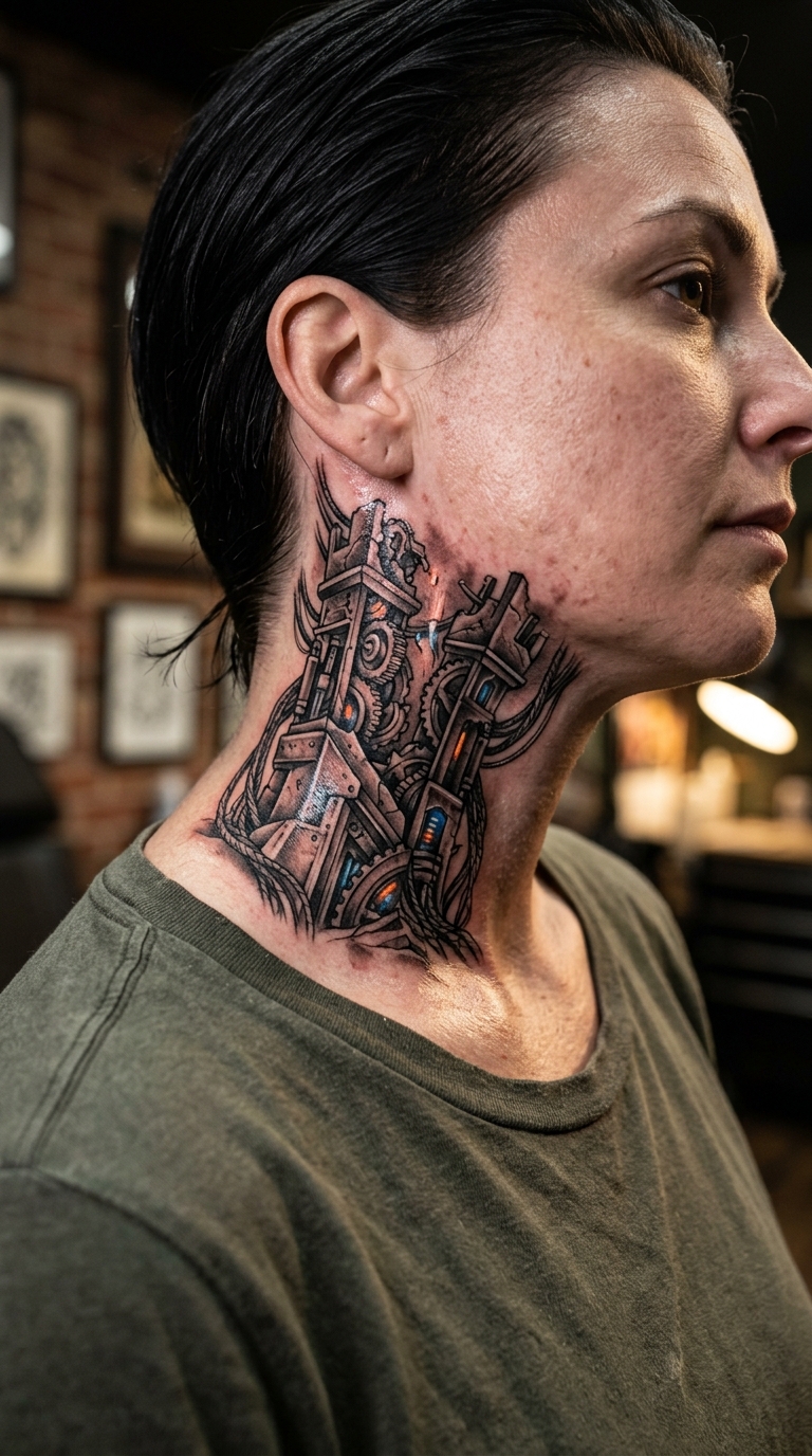 Tarotkarte Der Turm als biomechanisches Tattoo für den Hals