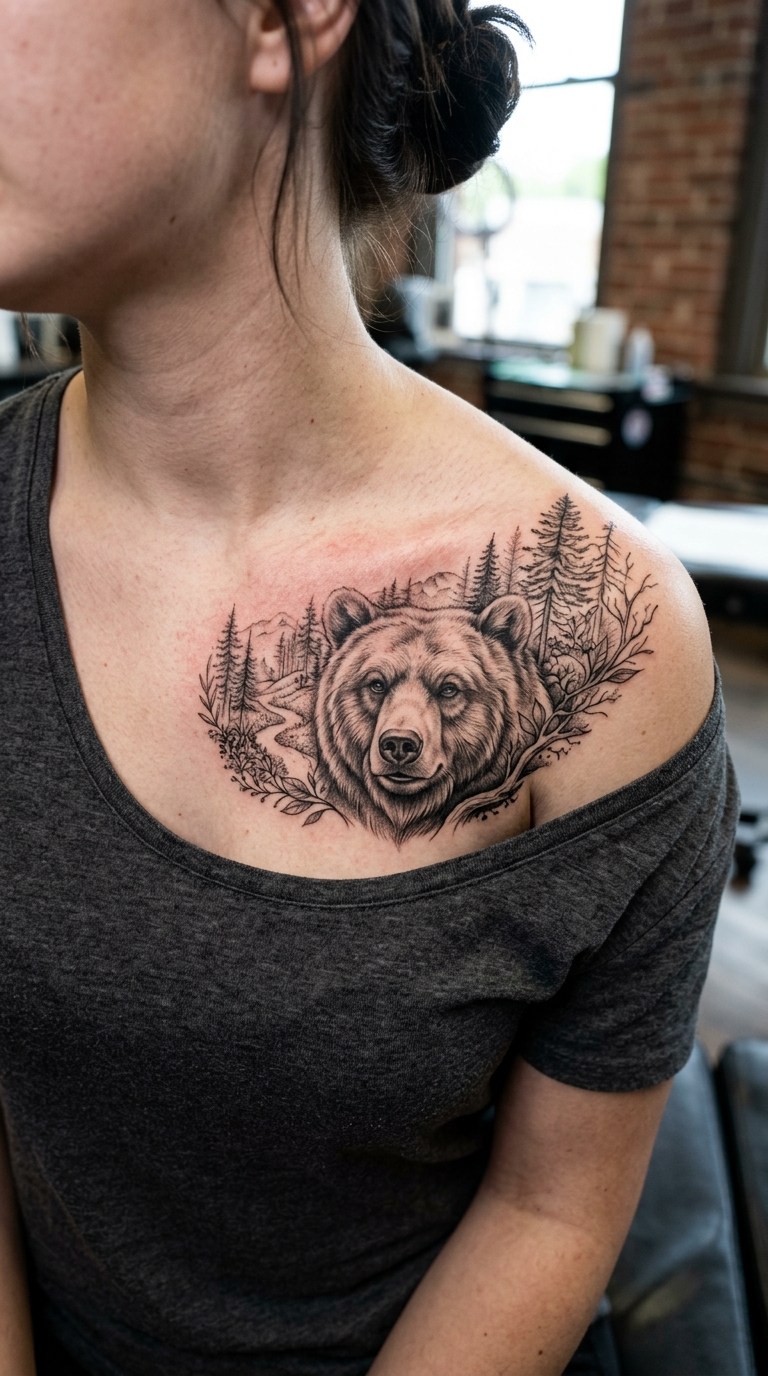 Tattoo Idee Bär im Wald für das Schlüsselbein