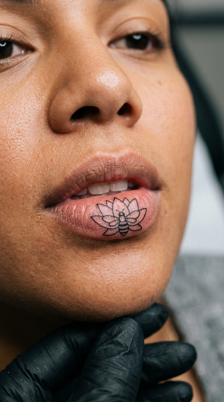 Tattoo Idee Biene in Lotusblüte für die Unterlippe