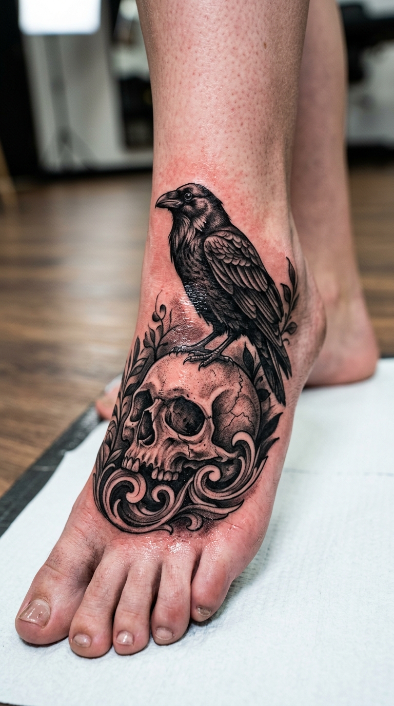 Tattoo Idee Krähe auf Schädel als Cover up für den Fuß