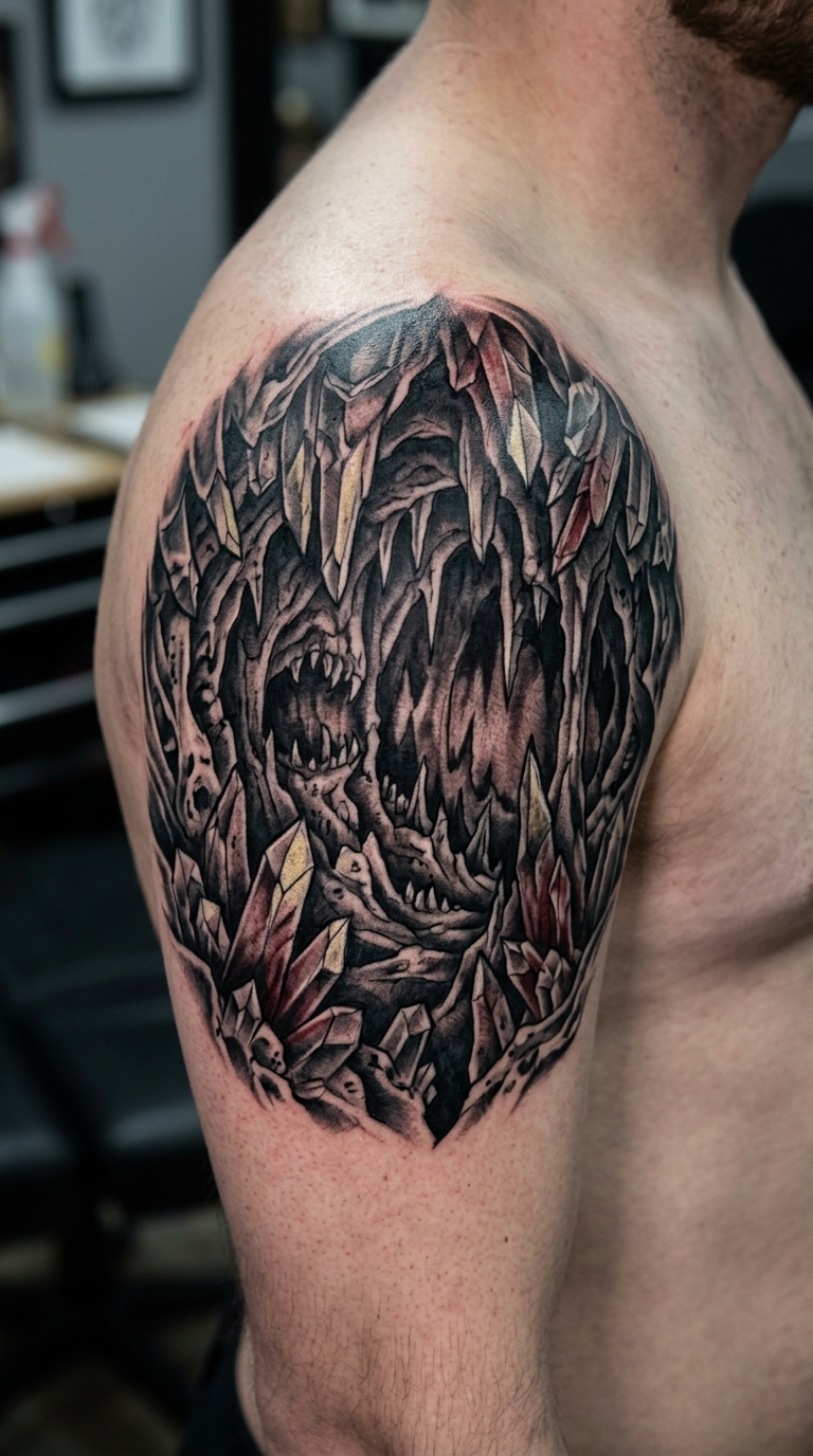Tattoo Idee Kristallhöhle als Horror Motiv für die Schulter
