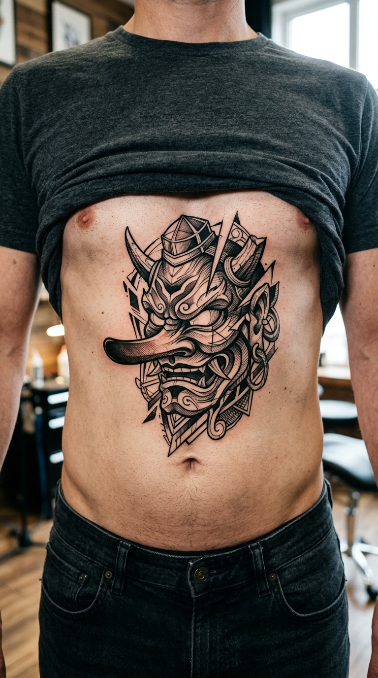 Tattoo Idee Tengu Maske im kreuz und quer Stil für den Bauch