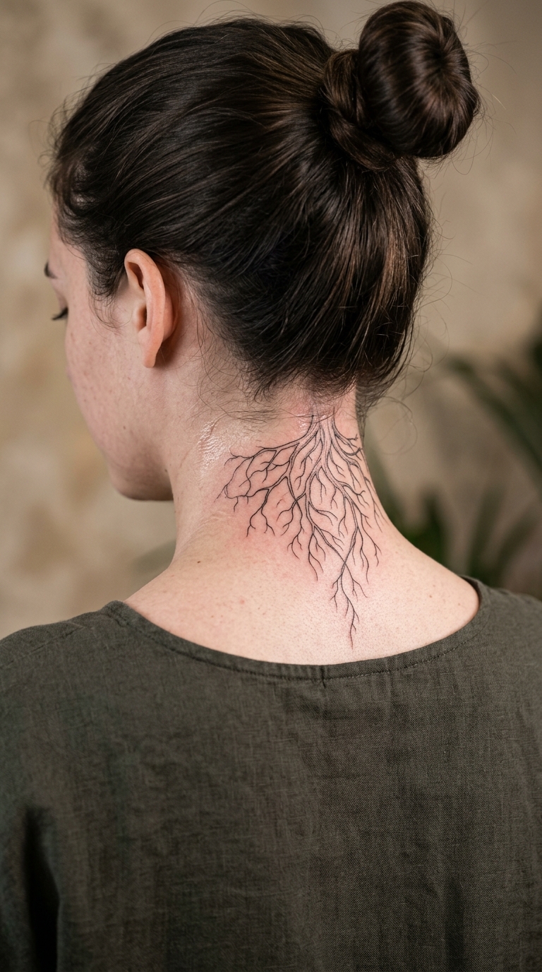 Tattoo Vorlage Baumwurzeln als Fineline Motiv für den Nacken