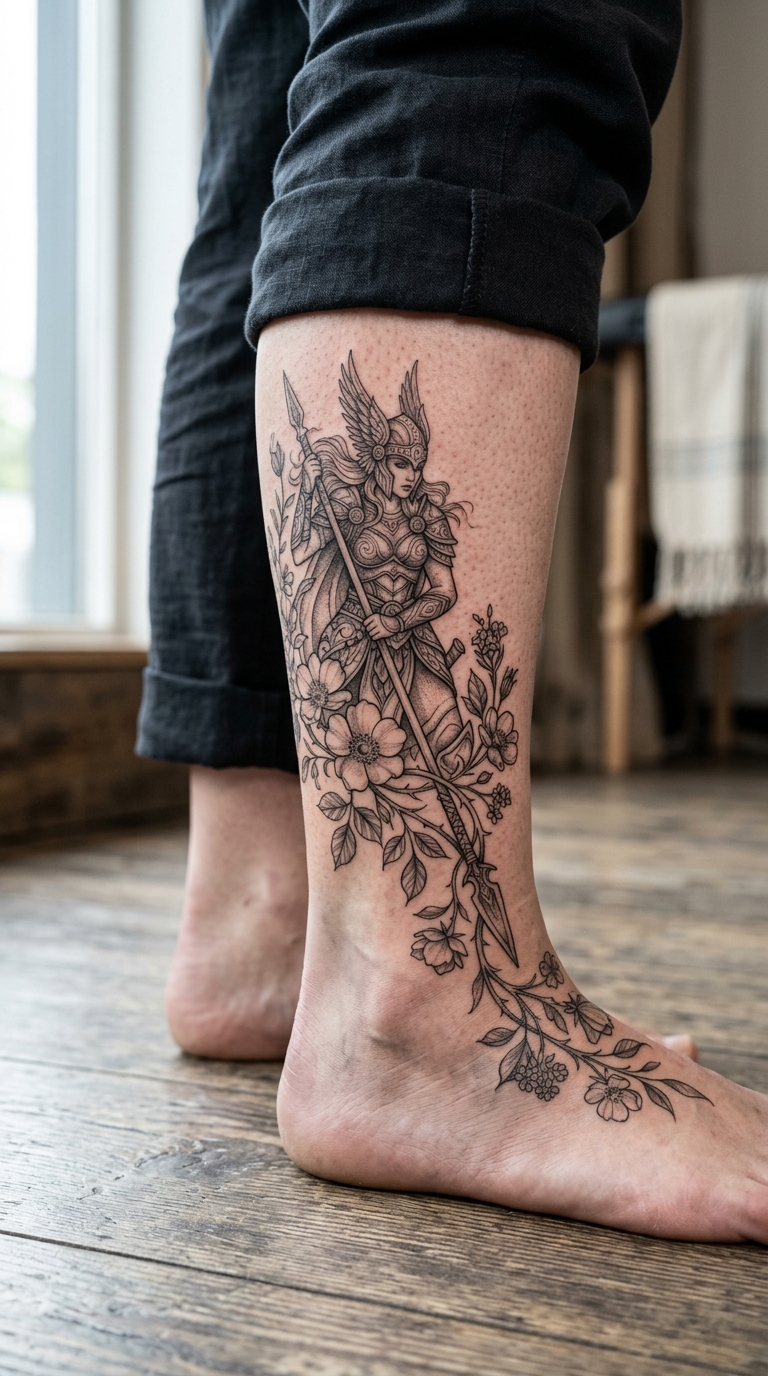 Tattoo Vorlage florale Valkyrie für den Knöchel