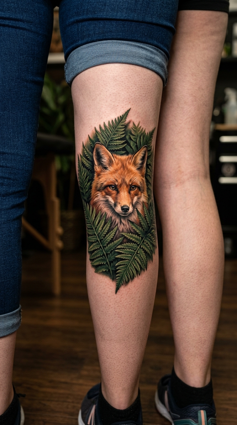 Tattoo Vorlage Fuchs zwischen Farnen als 3D Design für die Kniekehle