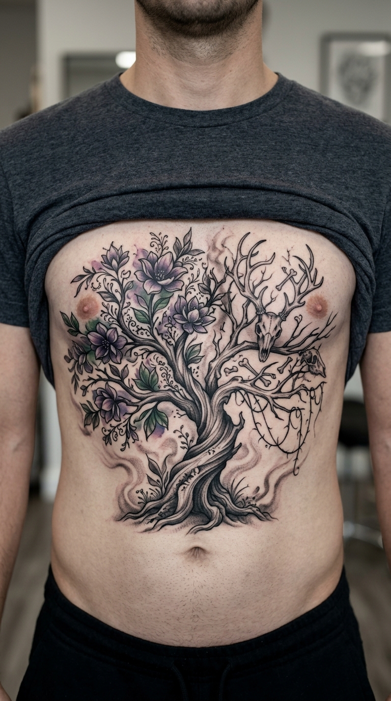 Tattoo Vorlage Leben und Tod auf dem Bauch