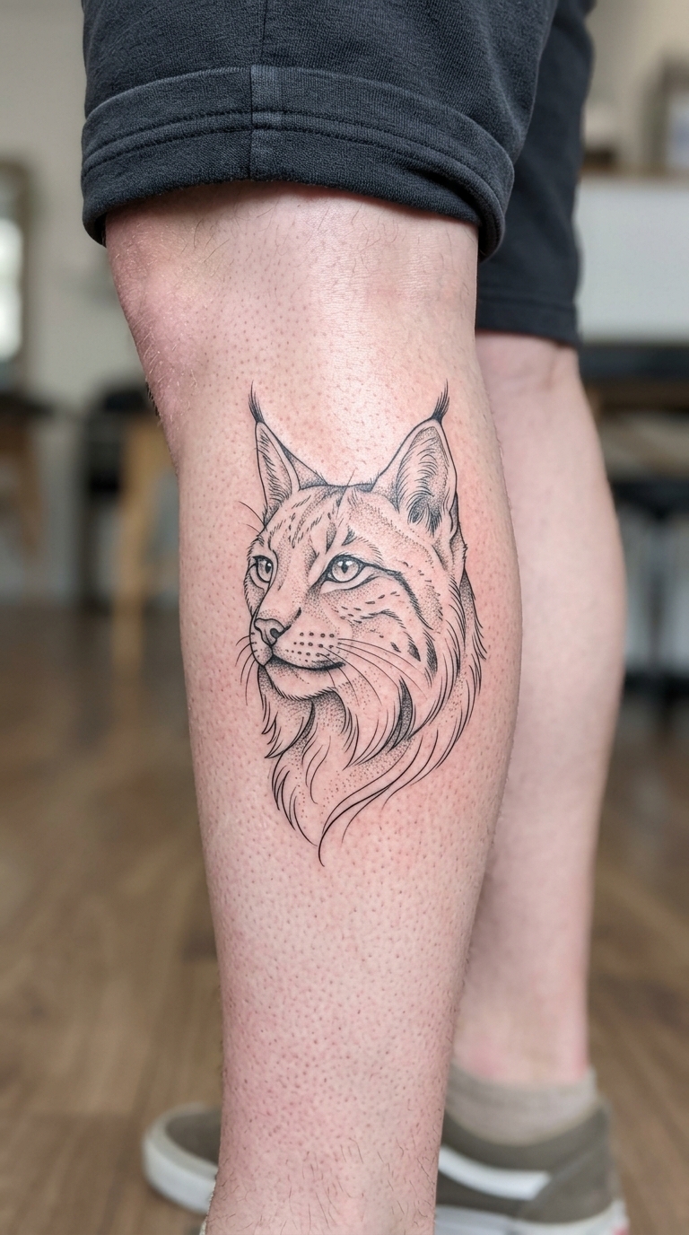 Tattoo Vorlage Luchs im Fineline Stil für das Bein
