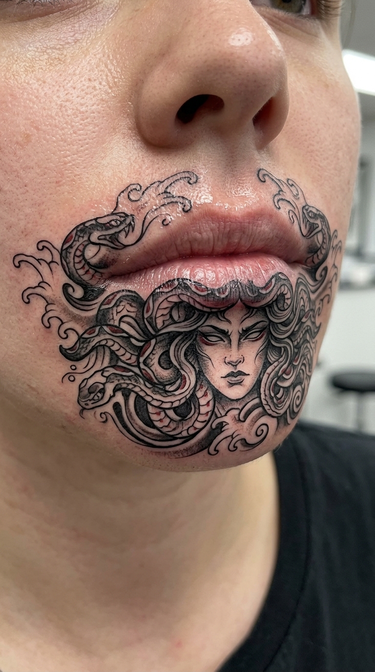 Tattoo Vorlage Medusa im japanischen Stil für die Unterlippe