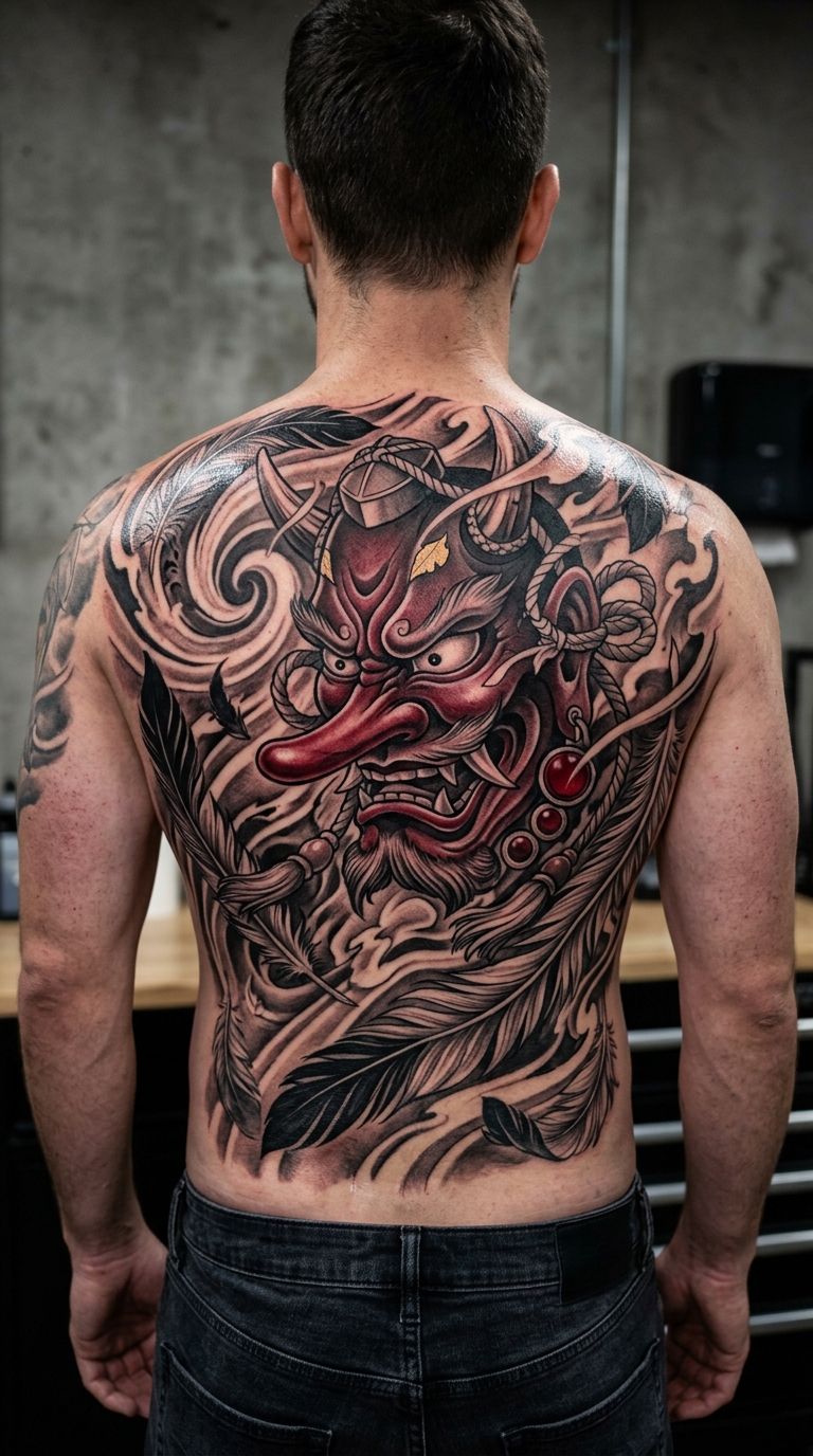 Tattoo Vorlage Tengu als Rücken Cover up