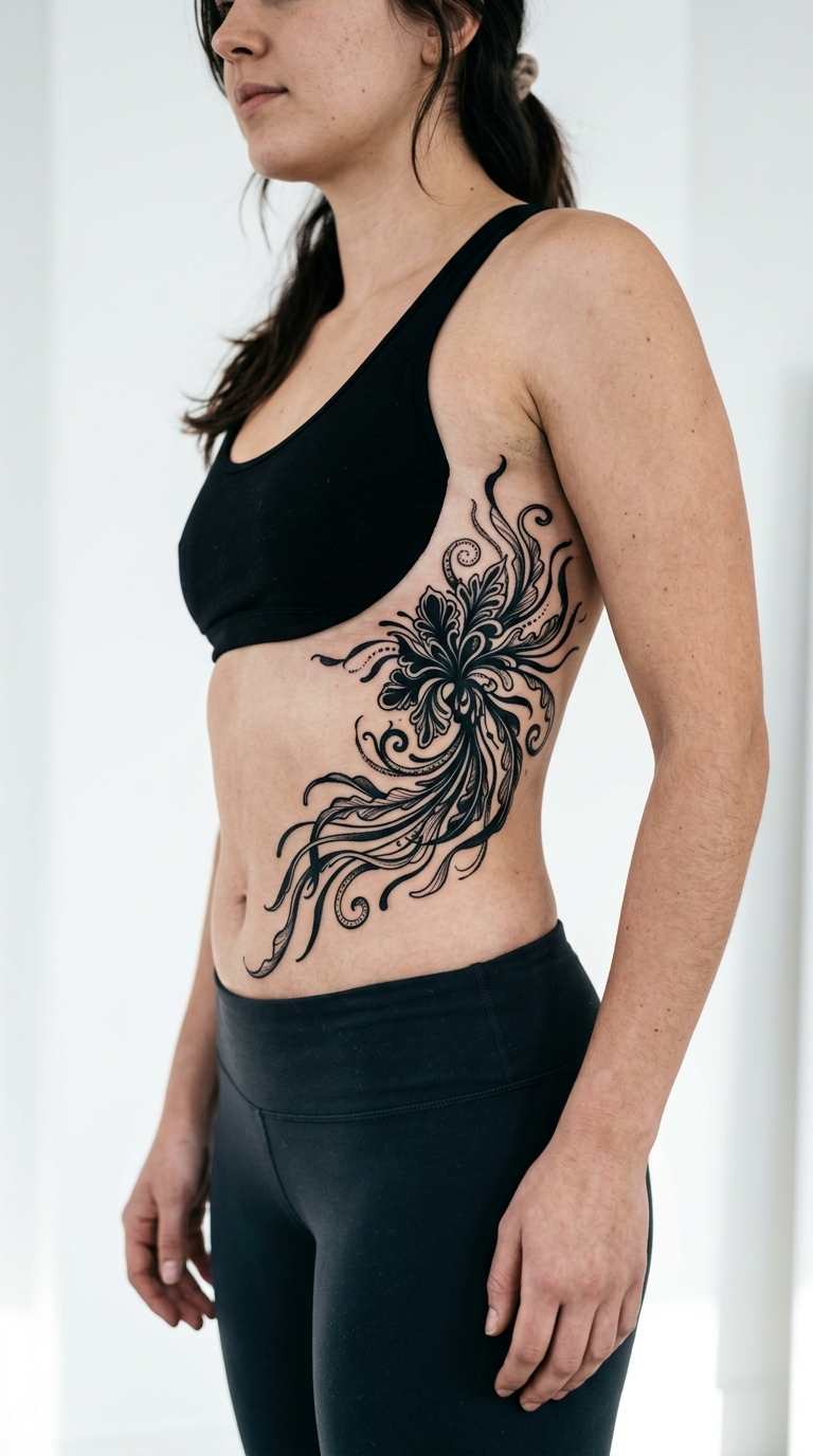 Tattoo Vorlage Tiefseealge als Blackwork Design für die Rippen
