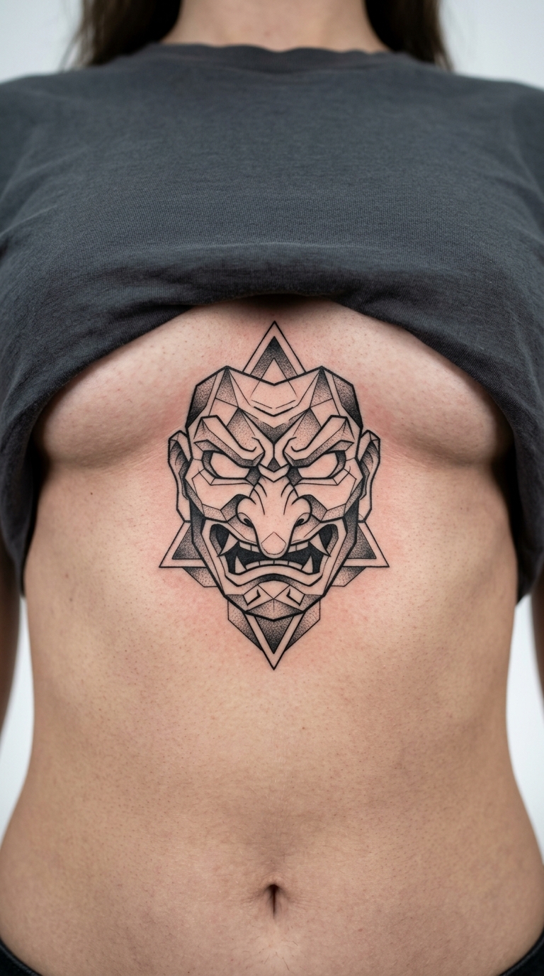 Tengu Maske als geometrische Tattoo Vorlage für den Underboob