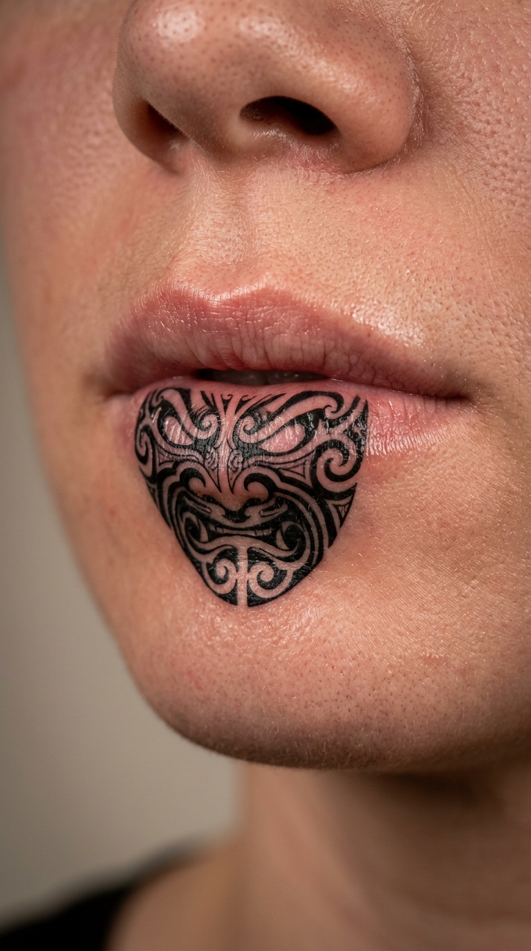 Tengu Maske als Maori Tattoo Idee für die Unterlippe