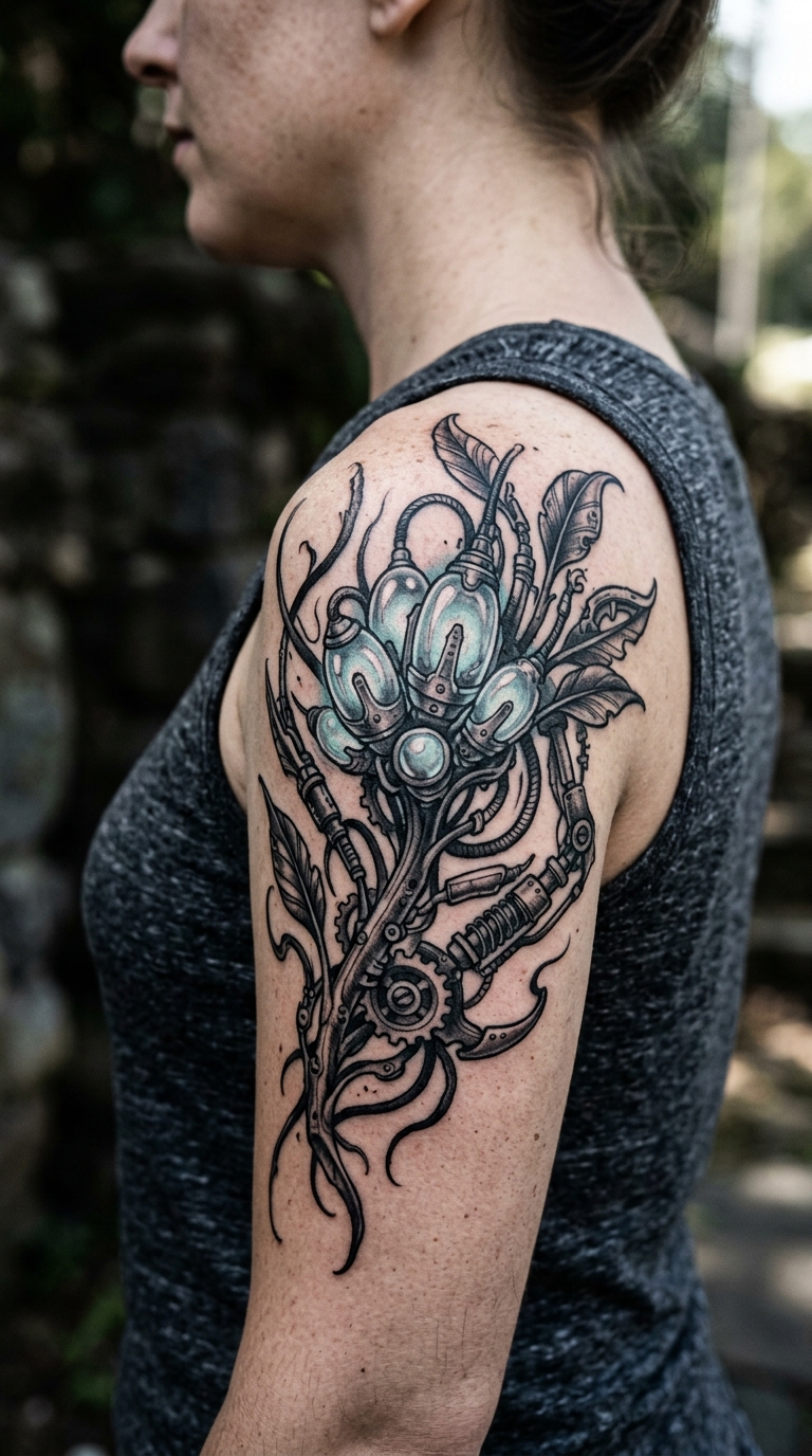 Tiefseepflanze als biomechanisches Tattoo für die Schulter
