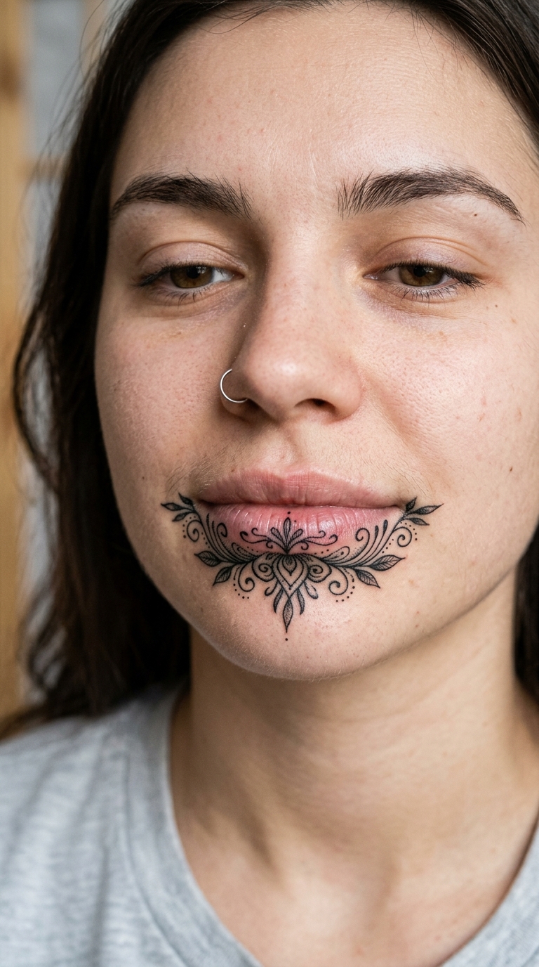 Tiefseepflanze als filigrane Henna Tattoo Idee für die Unterlippe