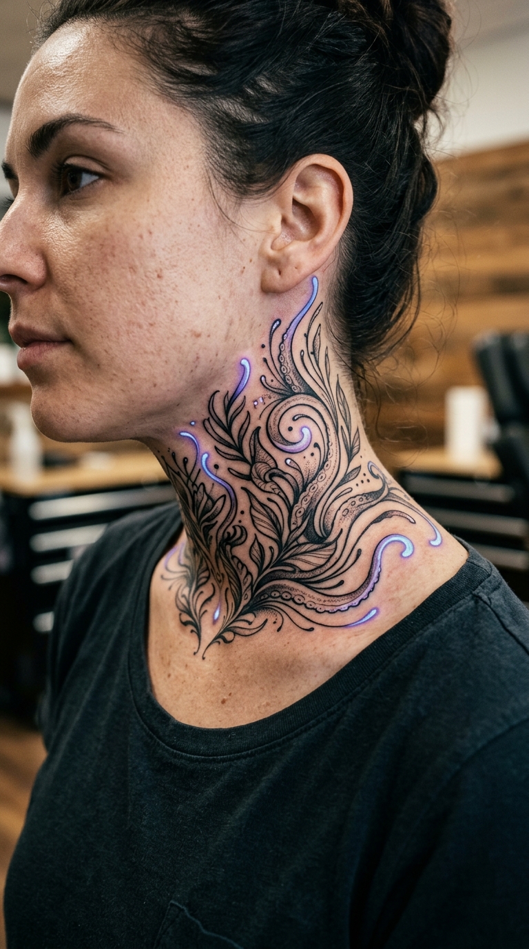 Tiefseepflanze als mystische Fantasy Tattoo Idee für den Hals
