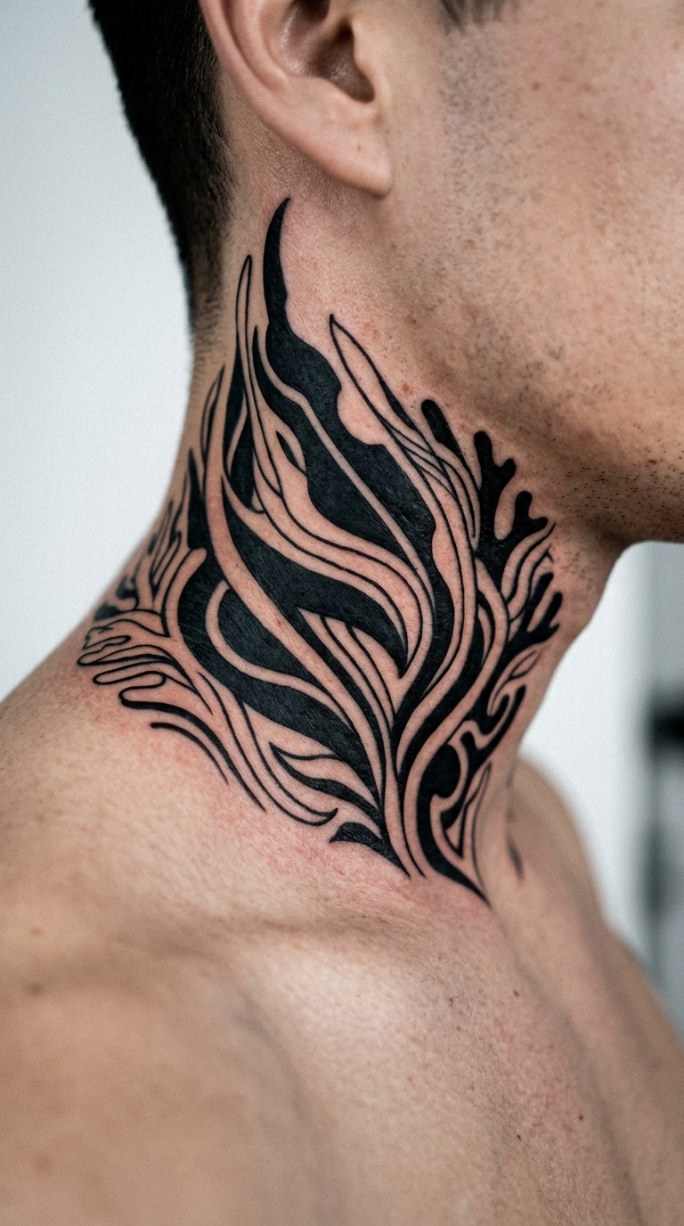 Tiefseepflanze als Tribal Tattoo für den Hals