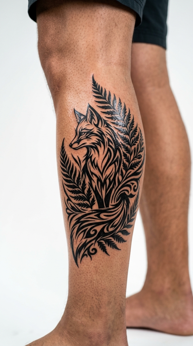 Tribal Tattoo mit Fuchs und Farnen am Bein