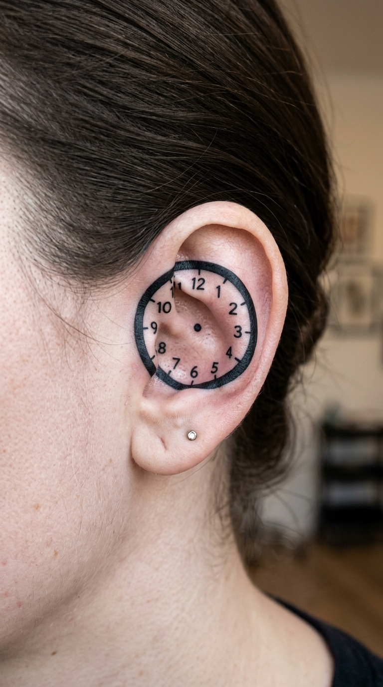 Uhr ohne Zeiger als Blackwork Tattoo für das Ohr