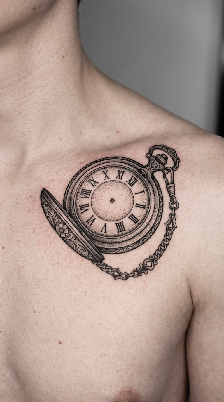 Uhr ohne Zeiger als Dotwork Tattoo auf dem Schlüsselbein