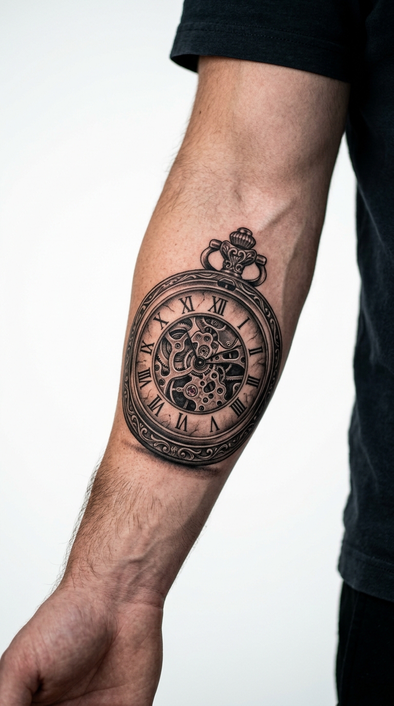 Uhr ohne Zeiger als Realistic Tattoo für den Unterarm