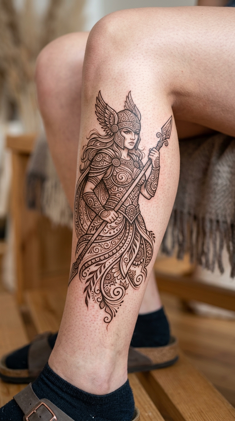 Valkyrie mit Speer als Henna Tattoo Vorlage für das Bein
