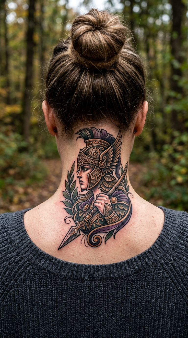 Valkyrie mit Speer als Neo Traditional Tattoo für den Nacken