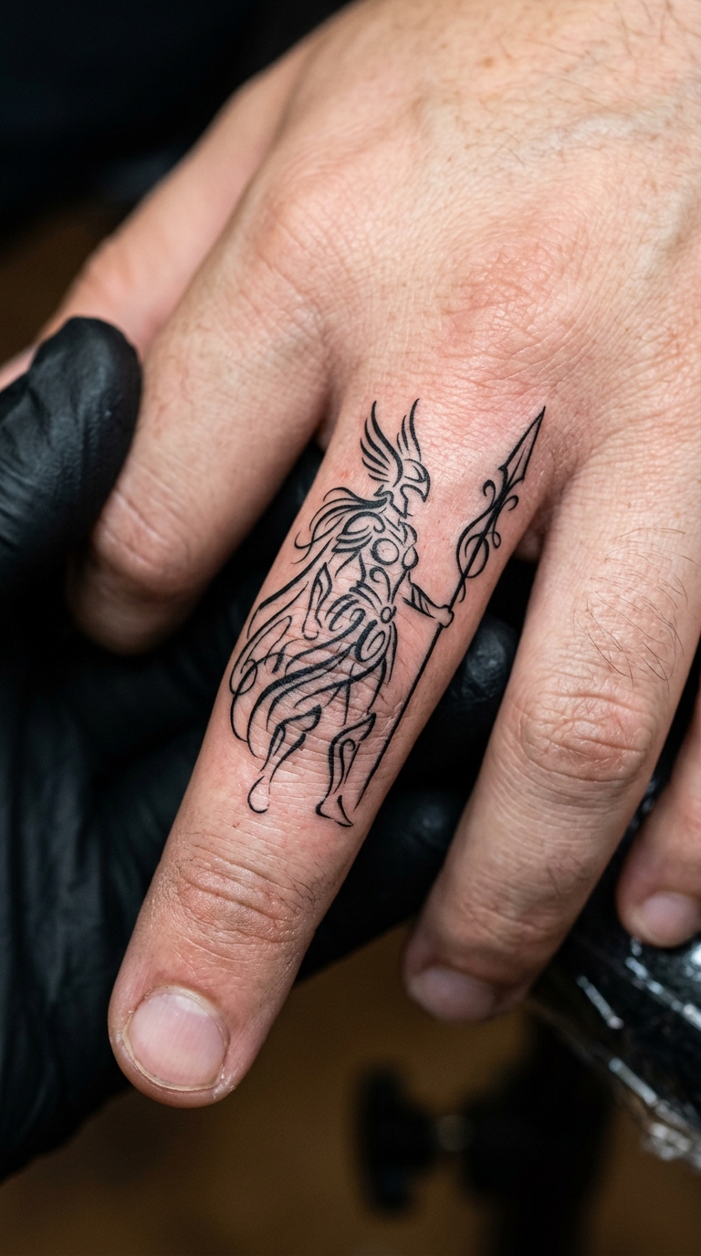 Valkyrie mit Speer als Schrift Tattoo auf dem Finger