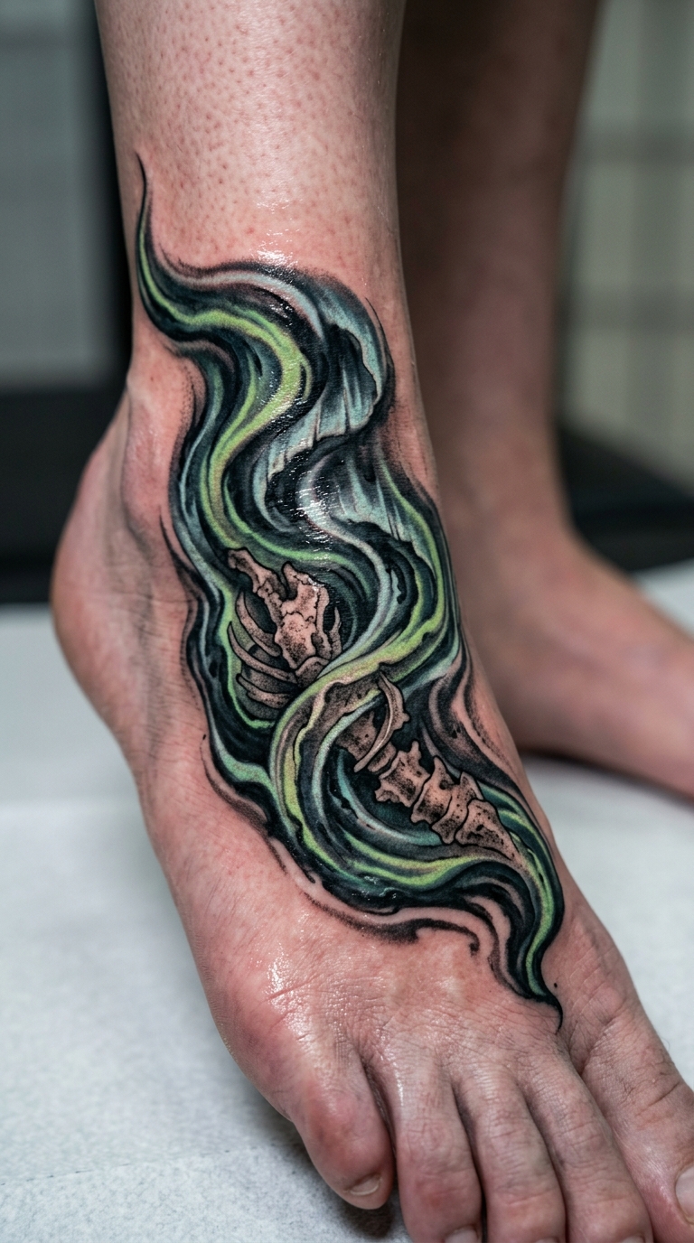 Verfluchtes Nordlicht als Horror Tattoo für den Fuß