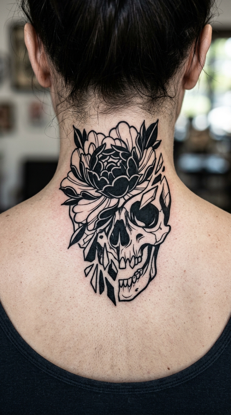 Vergänglichkeit als Blackwork Tattoo für den Nacken