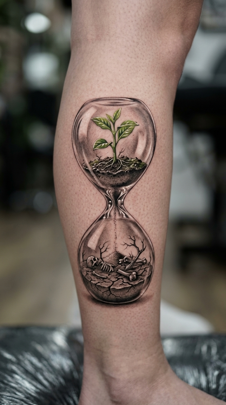 Vergänglichkeit im Kontrast 3D Tattoo Design für das Bein
