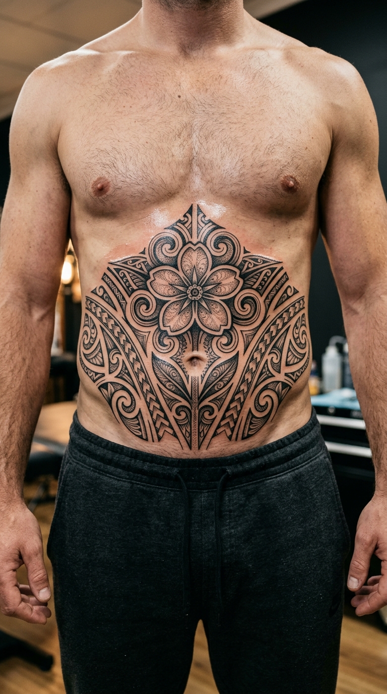 Vergissmeinnicht als Maori Tattoo Idee für den Bauch