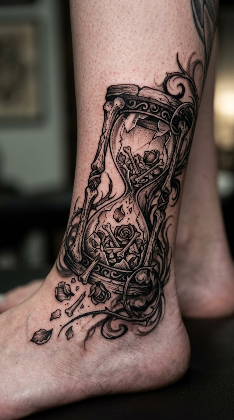 Verrottende Sanduhr als Horror Tattoo für den Knöchel