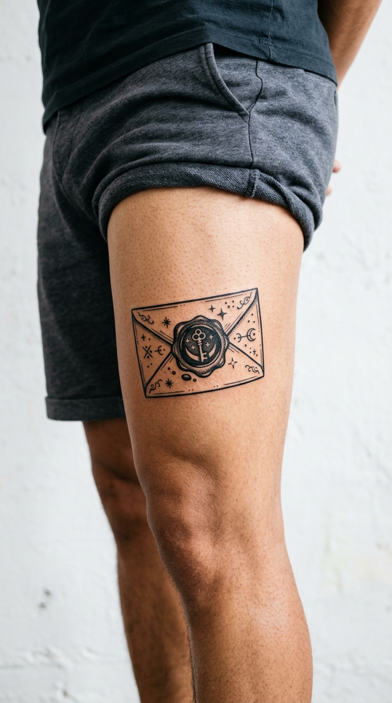 Versiegelter Briefumschlag als Zeichen und Symbol Tattoo für den Oberschenkel
