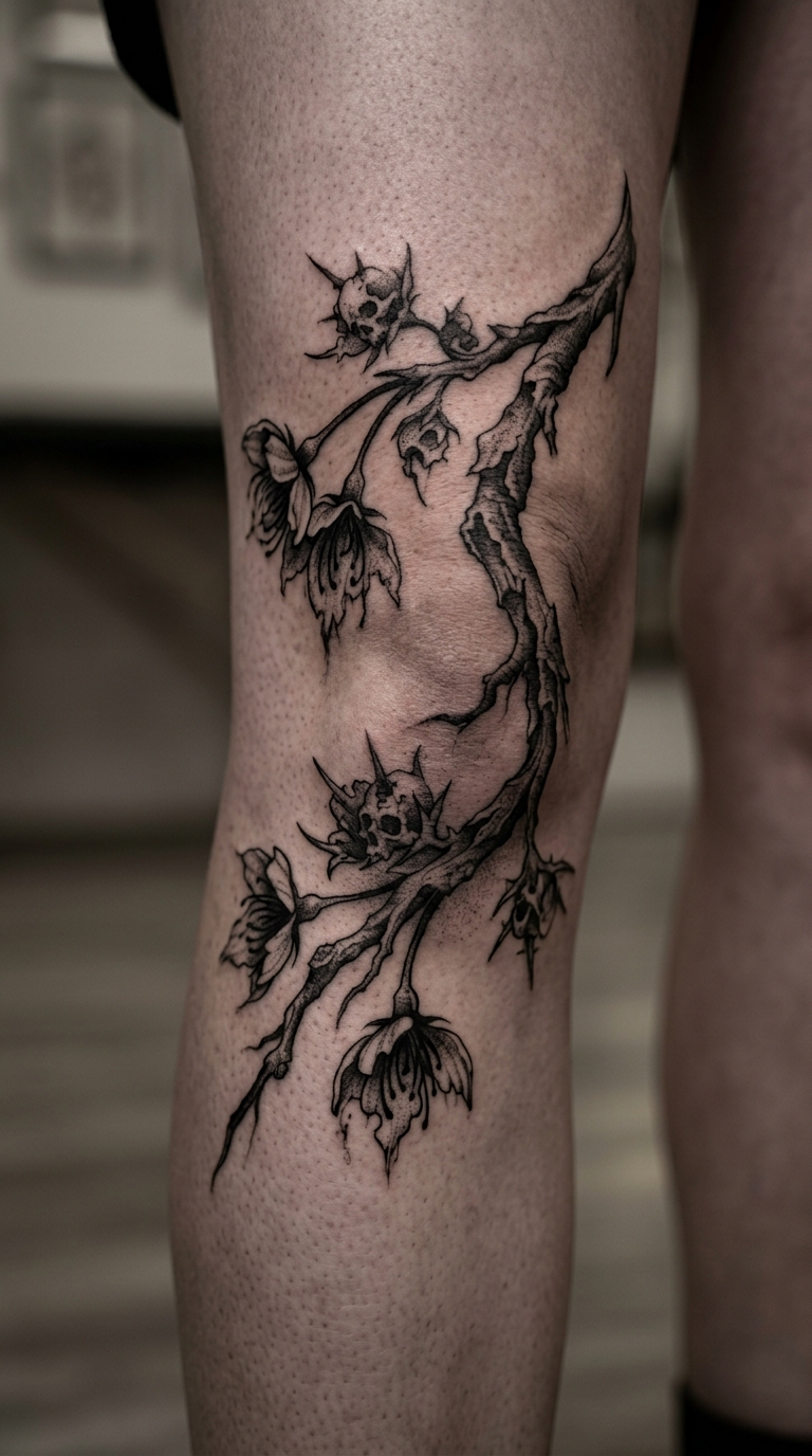Verwester Kirschblütenzweig als Horror Tattoo für die Kniekehle