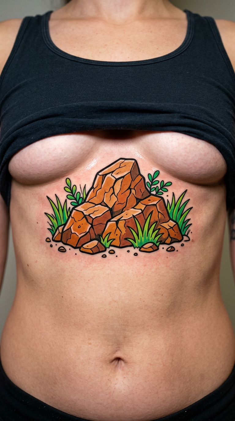 Verwitterter Fels als lustiges Comic Tattoo für den Underboob