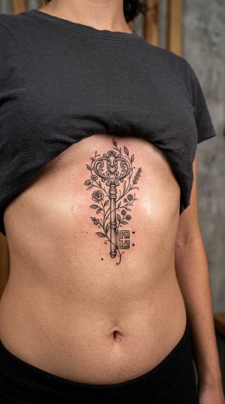 Verzierter Schlüssel als florale Tattoo Vorlage für den Bauch