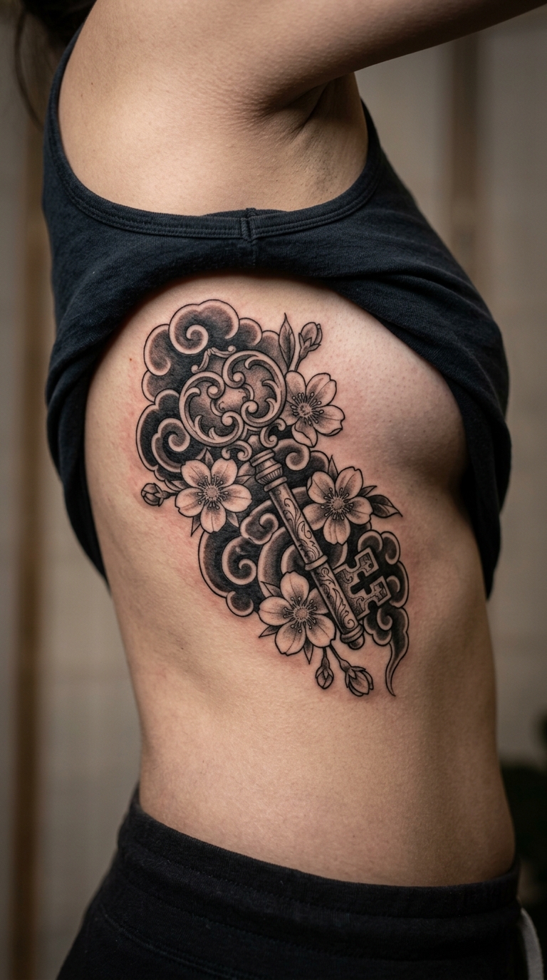 Verzierter Schlüssel als japanisches Tattoo für die Rippen