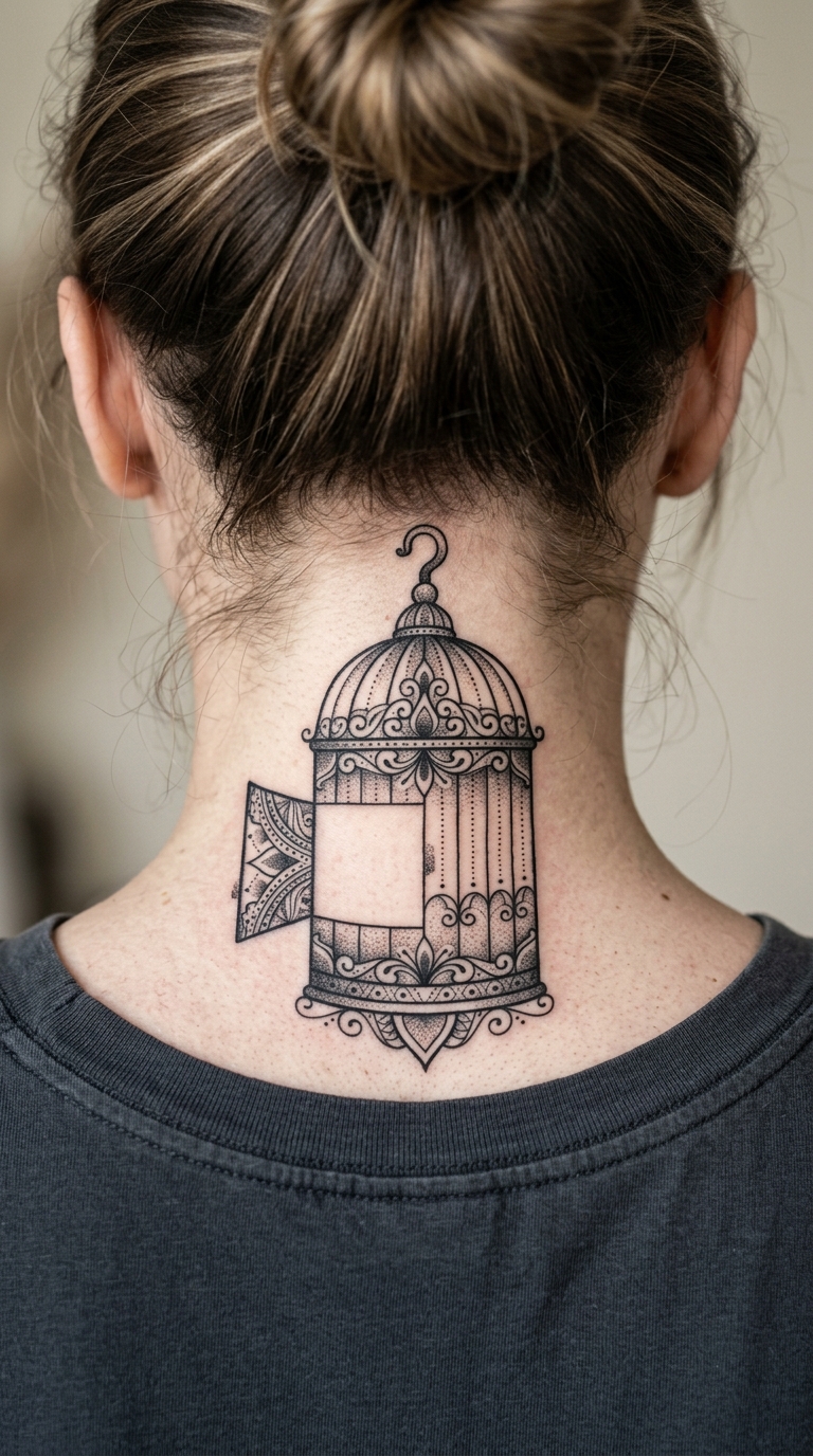 Vogelkäfig als Mandala Tattoo für den Nacken