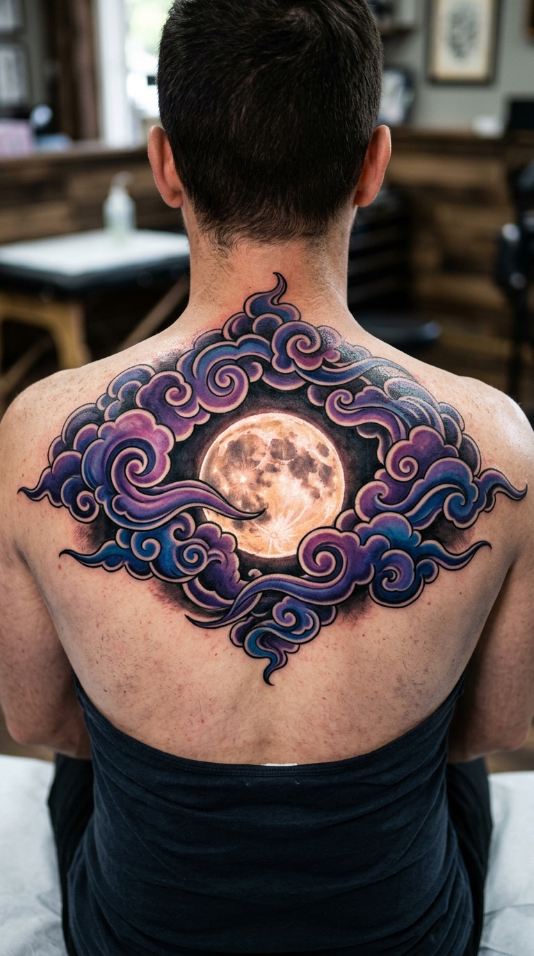 Vollmond und Wolken als Oldschool und Newschool Tattoo für den Rücken