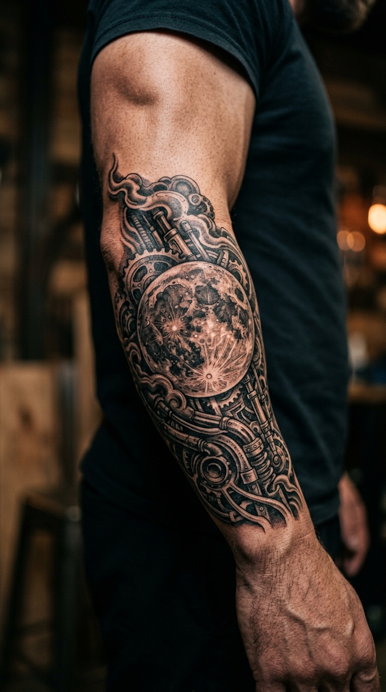 Vollmond und Zahnräder als biomechanisches Tattoo für den Arm