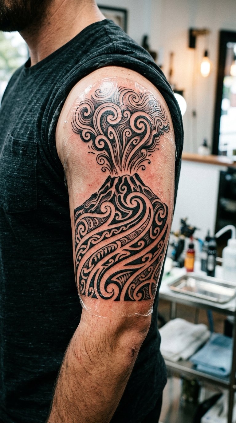 Vulkanausbruch als Maori Tattoo Idee für den Oberarm