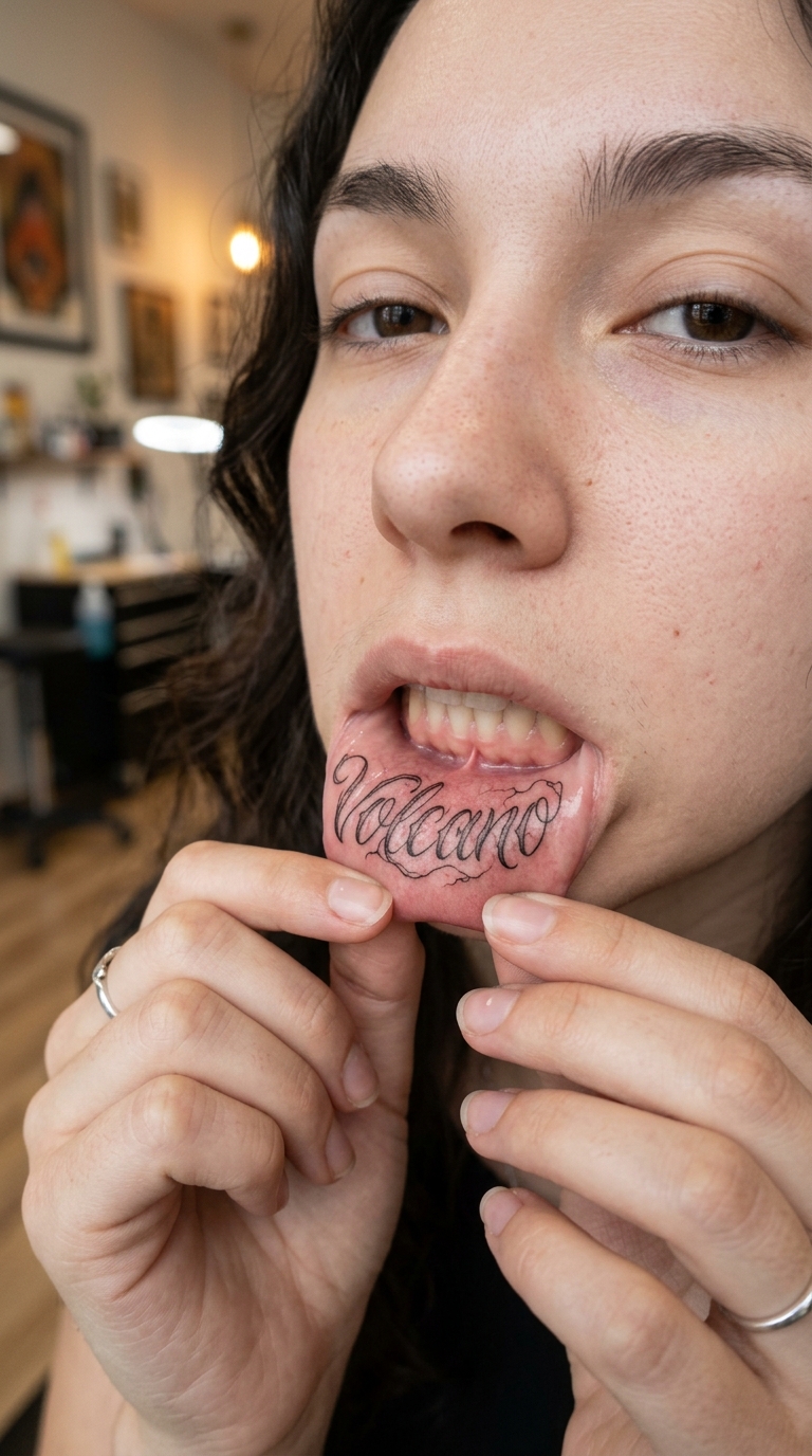 Vulkanausbruch als Schrift Tattoo für die Unterlippe