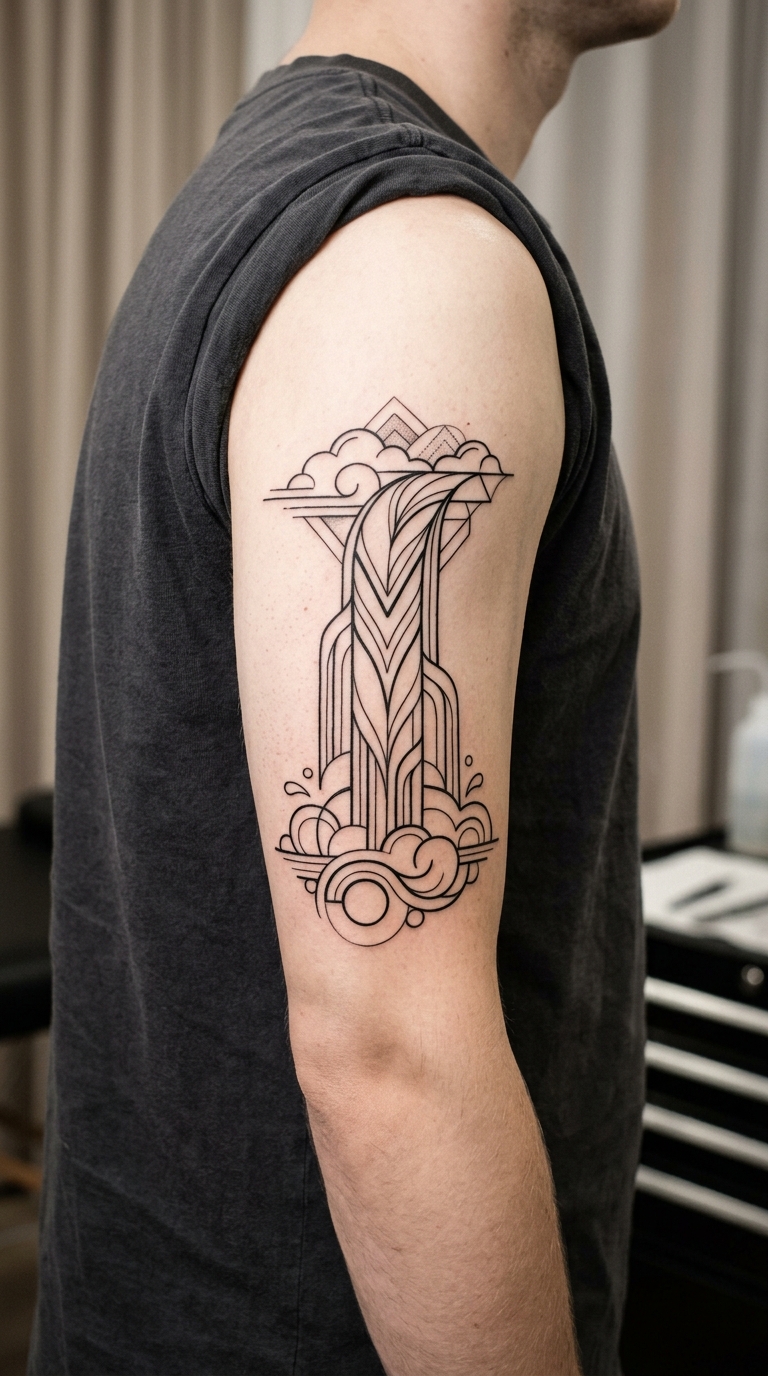 Wasserfall als abstraktes Zeichen Tattoo für den Underboob